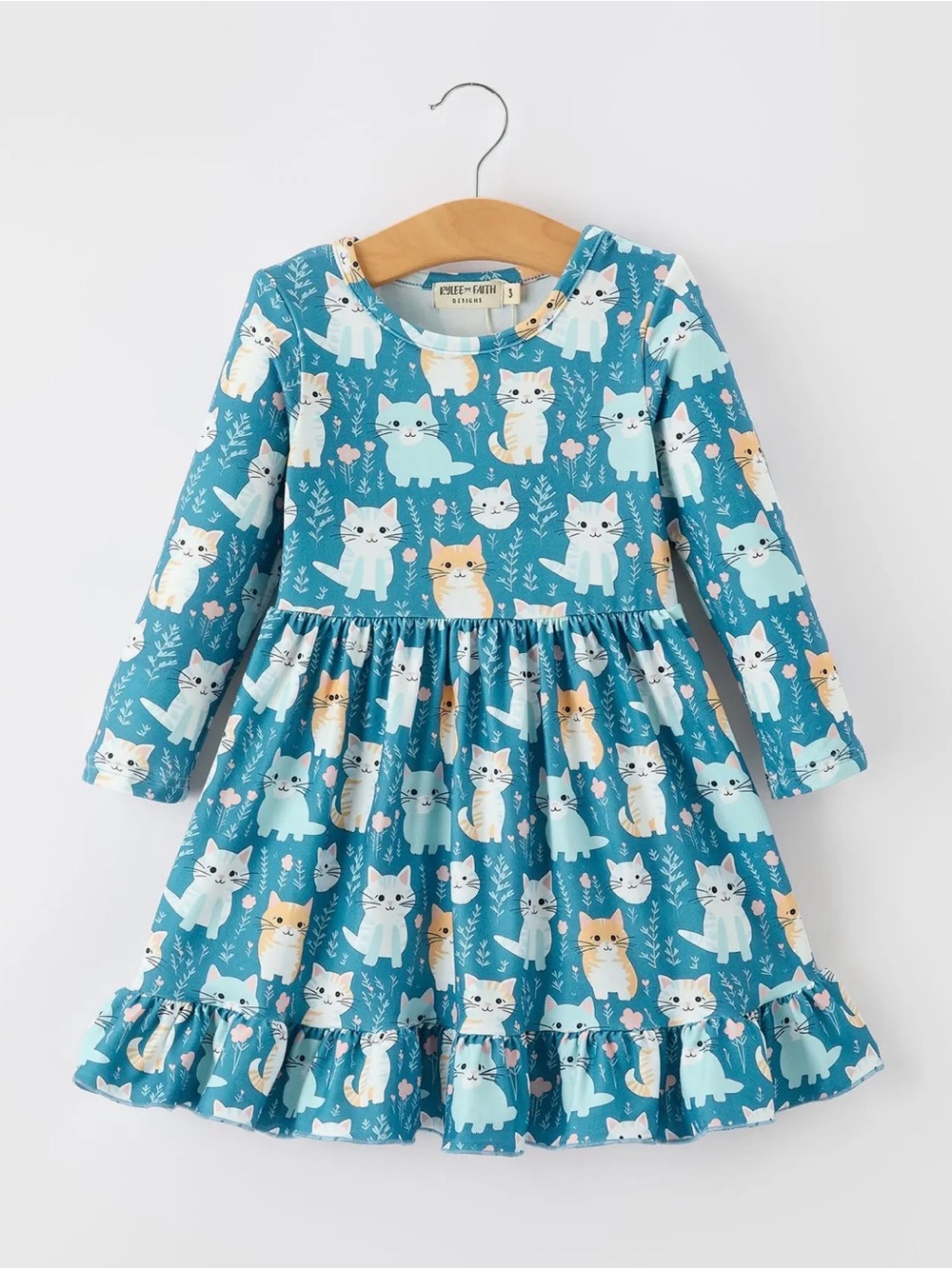 Rylee Faith Fall Cat Print Girls Long Sleeve Ruffle Hem Dress
